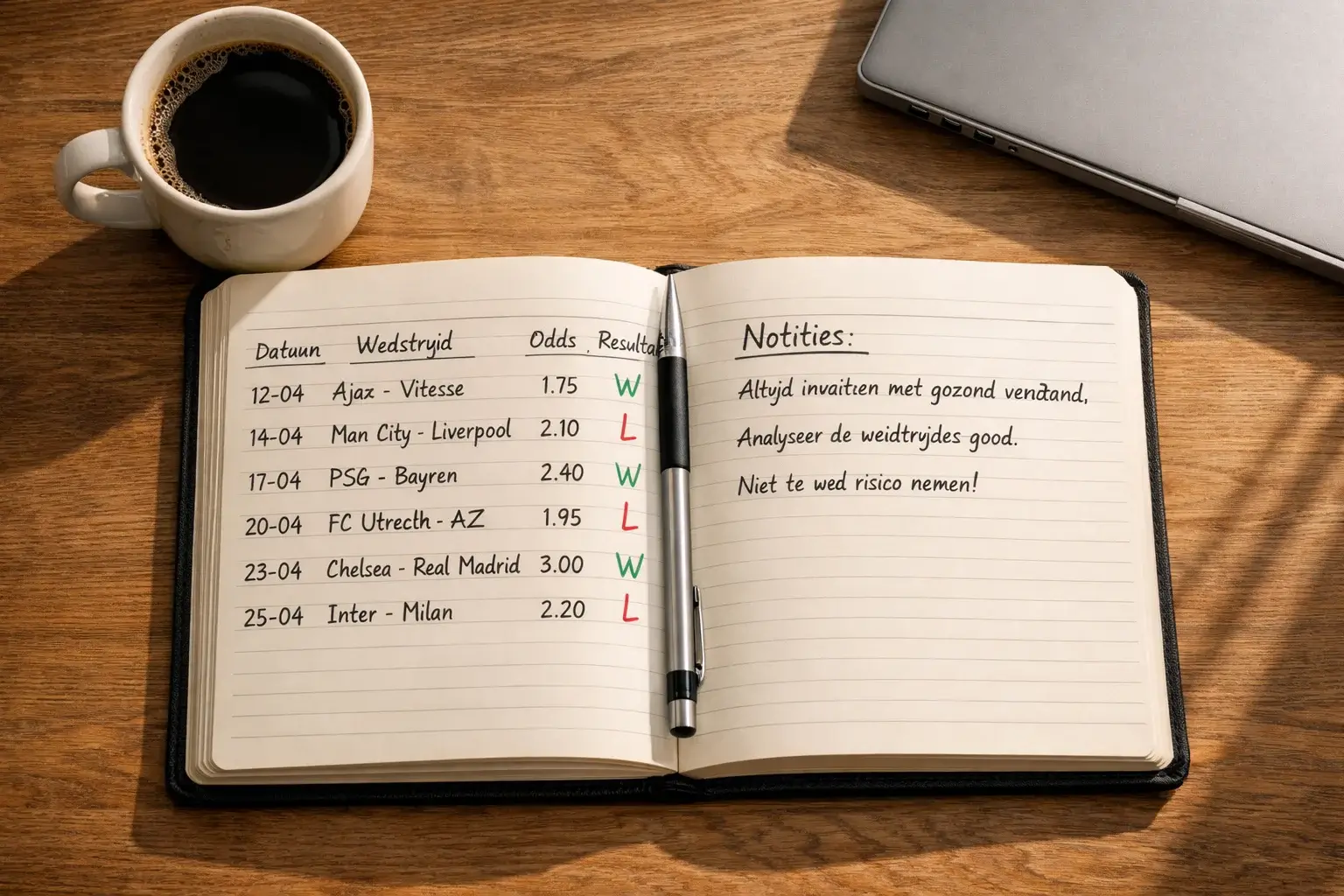 Opengeslagen logboek met wedresultaten naast een kop koffie en laptop