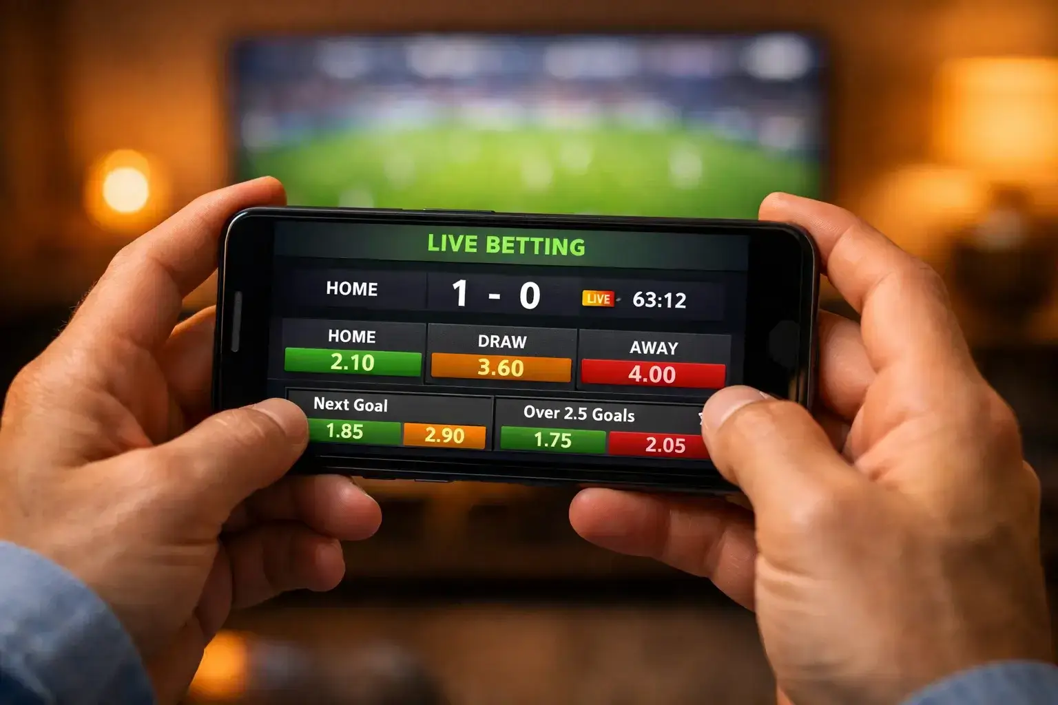 Handen met smartphone waarop live voetbalwedstrijden en quoteringen zichtbaar zijn