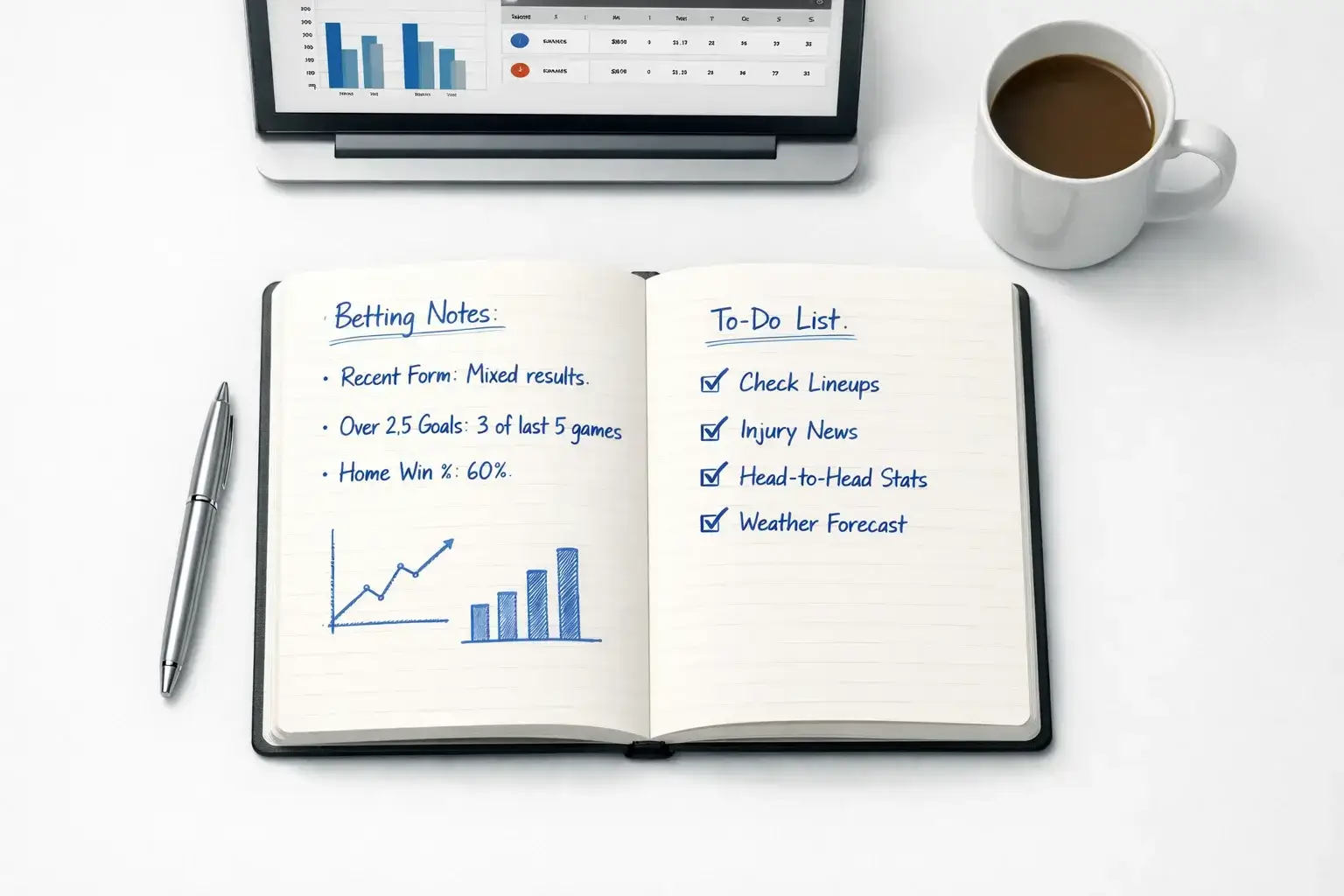Notitieboek met wedanalyse en statistieken naast een laptop met voetbaldata